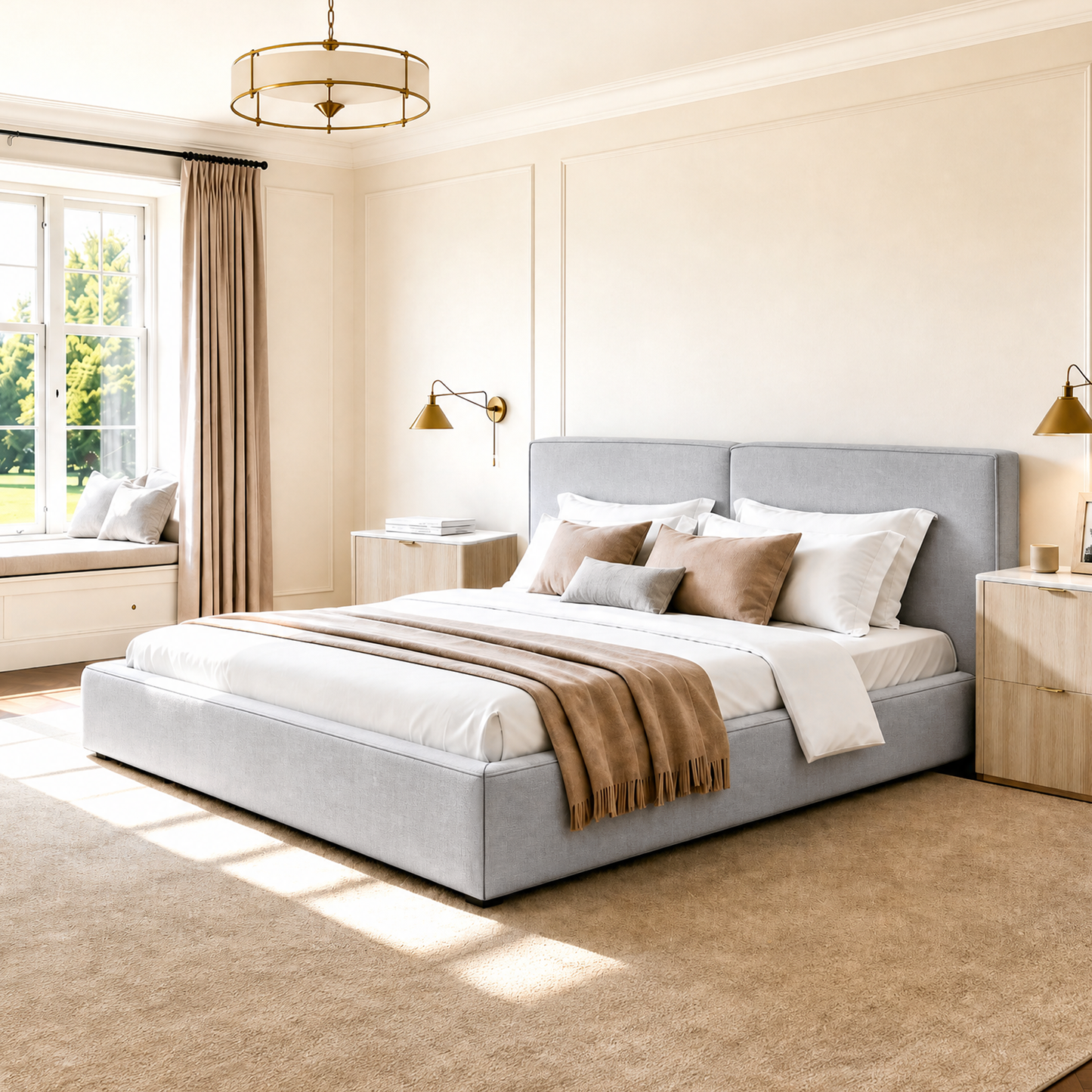 Light Grey Queen Lift-Up Storage Bed Frame with Upholstered Headboard