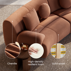 Diagram of a rust-colored sofa with square and round cushions, with circular close-ups showing textured upholstery, a hand pressing white padding, and an internal frame with springs and straps.