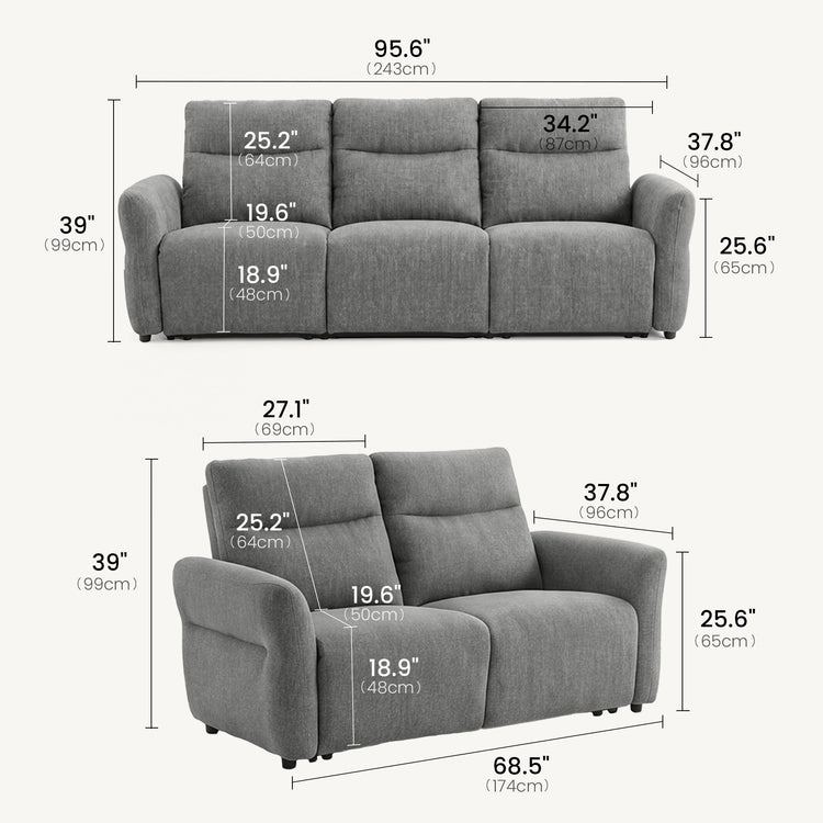 Linnea Gray Textured Fabric Manual Reclining 3-Seat and Loveseat Sofa Set