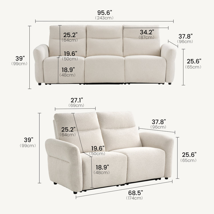 Linnea Beige Textured Fabric Manual Reclining 3-Seater and Loveseat Sofa Set