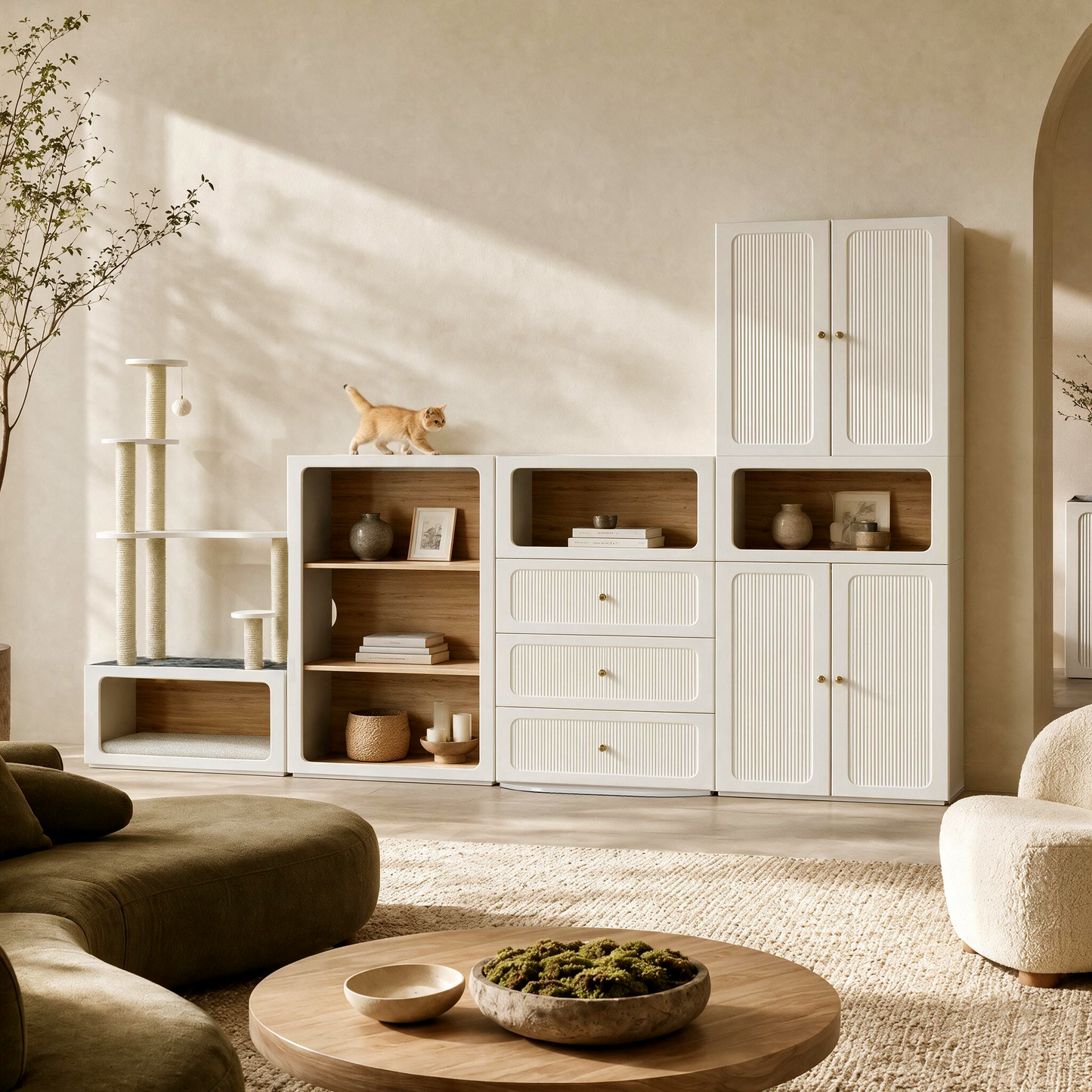 Cream modular cabinets with drawers and open cubbies stand beside a rope-post cat tree