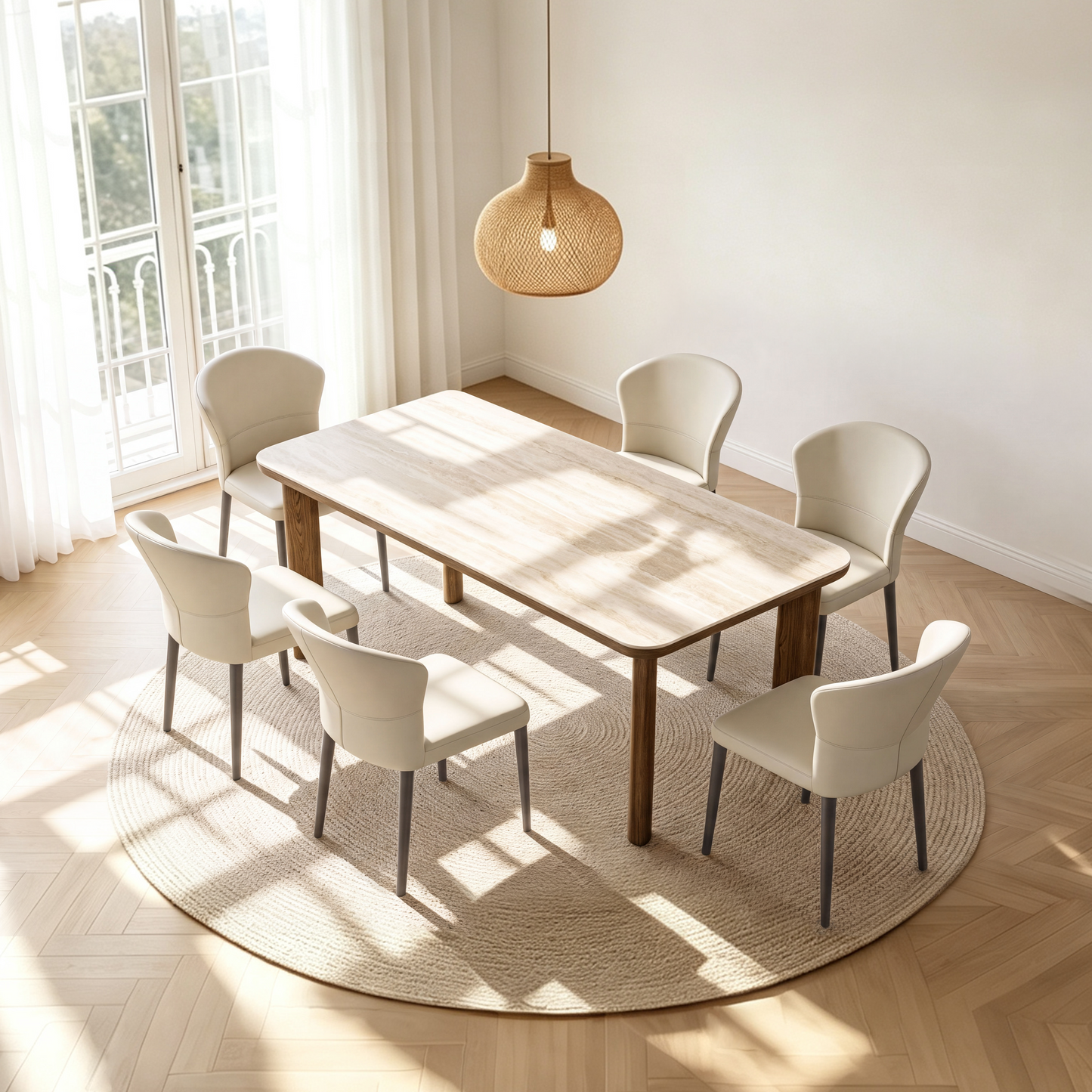 63" Mid-Century Modern Travertine Sintered Stone Dining Table for 4-6