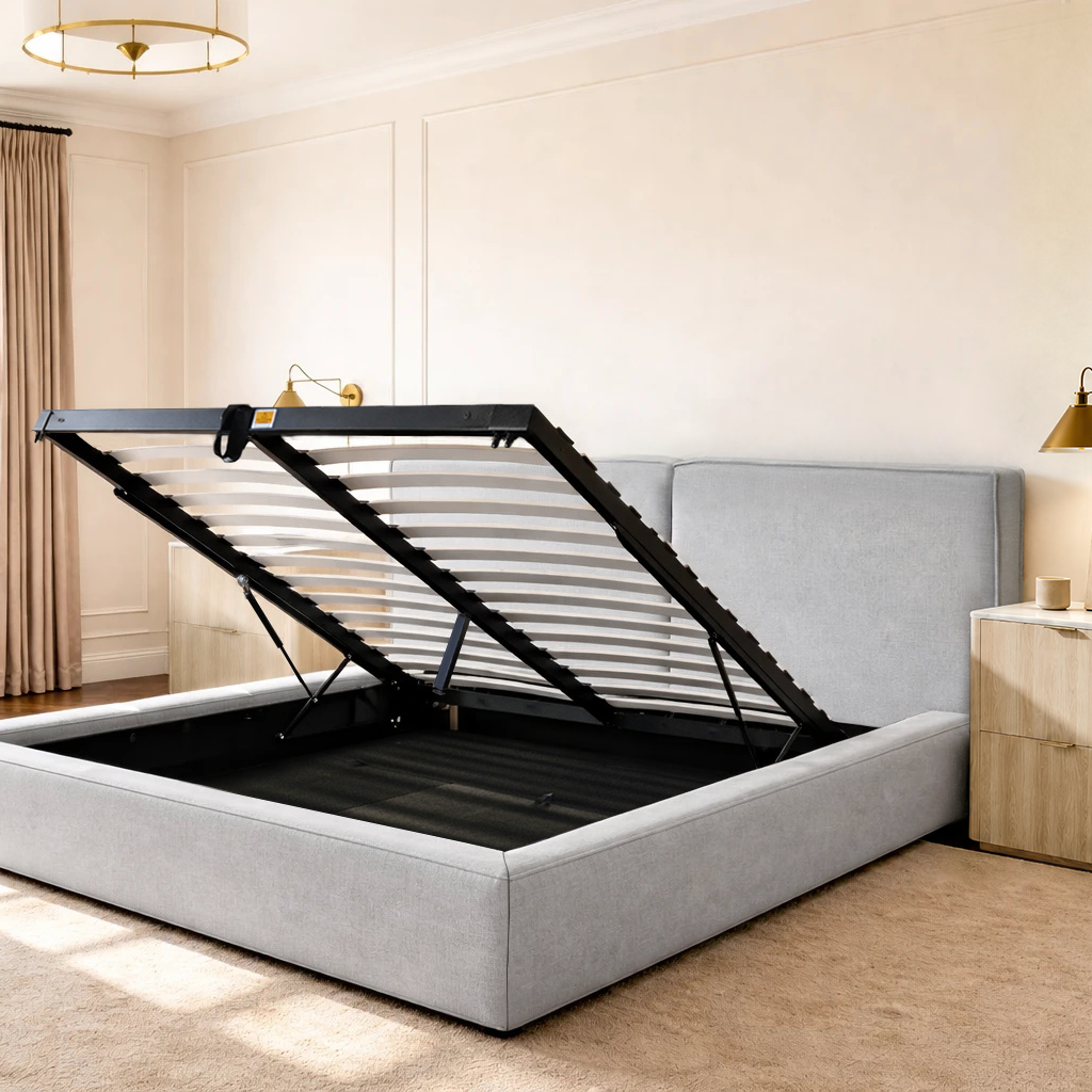 Light Grey Queen Lift-Up Storage Bed Frame with Upholstered Headboard