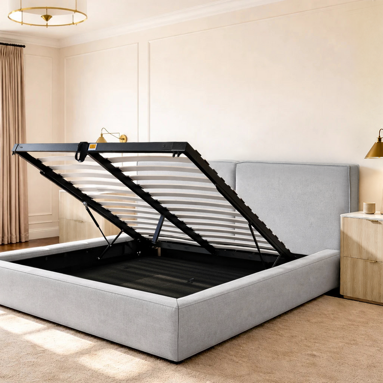 Light Grey Queen Lift-Up Storage Bed Frame with Upholstered Headboard