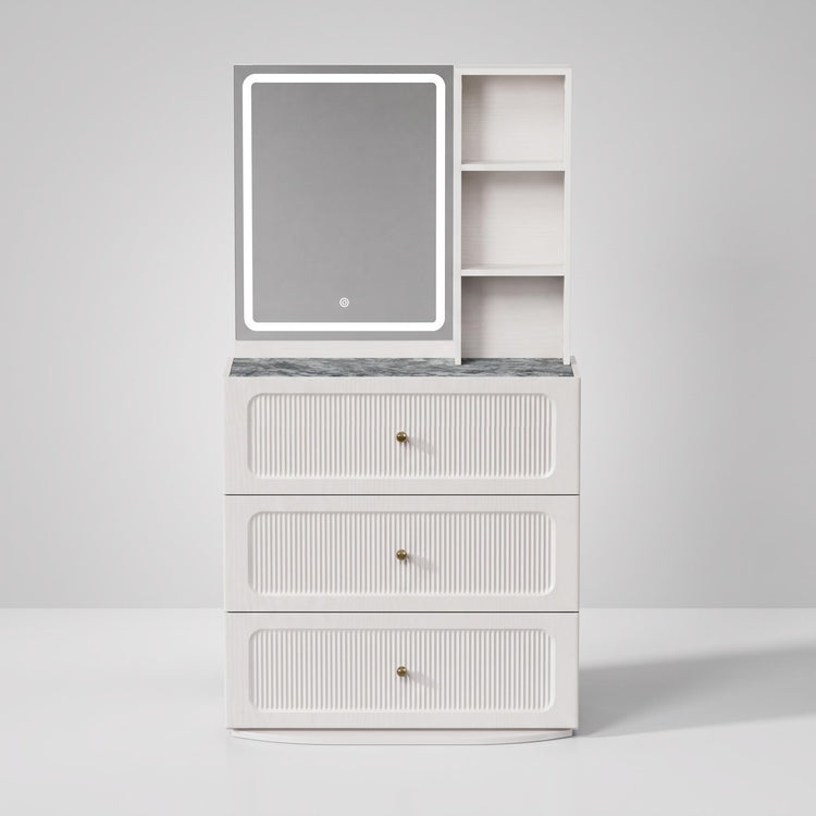 3-Drawer Vanity Dresser, 31.5" Modular Fluted with 3-Color LED Mirror & Side Shelves, FlexMod Collection
