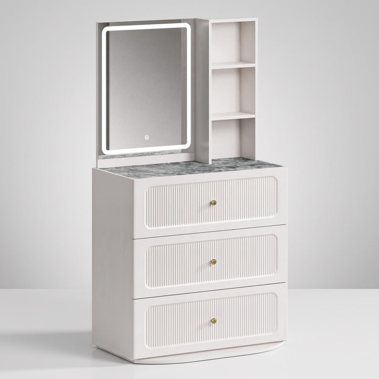 3-Drawer Vanity Dresser, 31.5" Modular Fluted with 3-Color LED Mirror & Side Shelves, FlexMod Collection