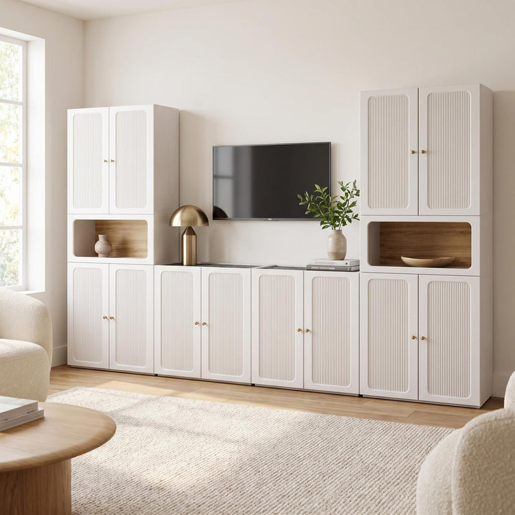 Storage Cabinet System, 126" Modular with Fluted Doors & Display Niches, FlexMod Collection