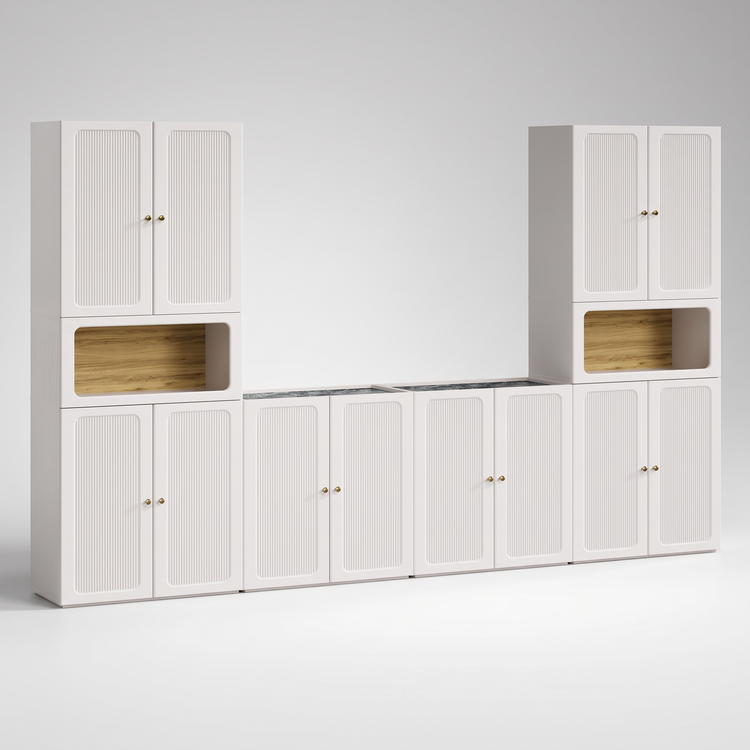 Storage Cabinet System, 126" Modular with Fluted Doors & Display Niches, FlexMod Collection