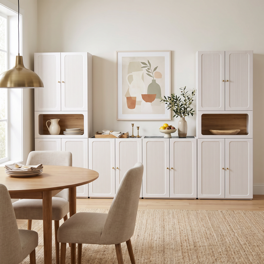 Storage Cabinet System, 126" Modular with Fluted Doors & Display Niches, FlexMod Collection