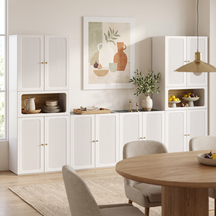 Storage Cabinet System, 126" Modular with Fluted Doors & Display Niches, FlexMod Collection