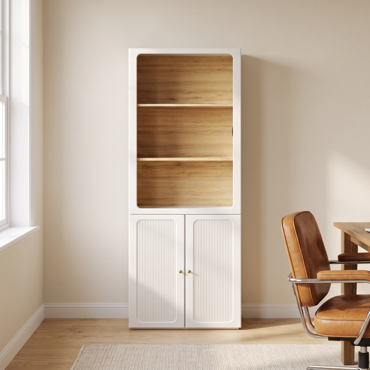 Tall Bookcase, 78.1" Modular with Fluted Doors, Open Shelves & LED Lighting, FlexMod Collection