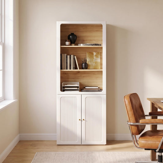 Tall Bookcase, 78.1" Modular with Fluted Doors, Open Shelves & LED Lighting, FlexMod Collection