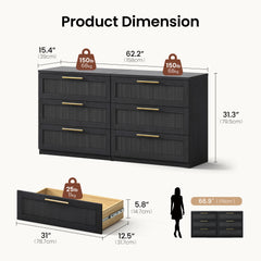 Dimension diagram of a black six-drawer dresser with ribbed fronts and gold-colored handles, measuring 62.2 inches wide, 15.4 inches deep and 31.3 inches high, with an open drawer detail and human silhouette for scale.