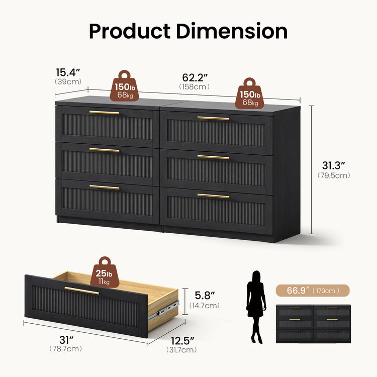 Dimension diagram of a black six-drawer dresser with ribbed fronts and gold-colored handles, measuring 62.2 inches wide, 15.4 inches deep and 31.3 inches high, with an open drawer detail and human silhouette for scale.