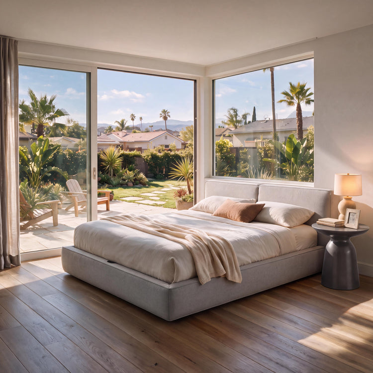 Light gray upholstered bed with a split padded headboard and white bedding beside garden-facing corner windows