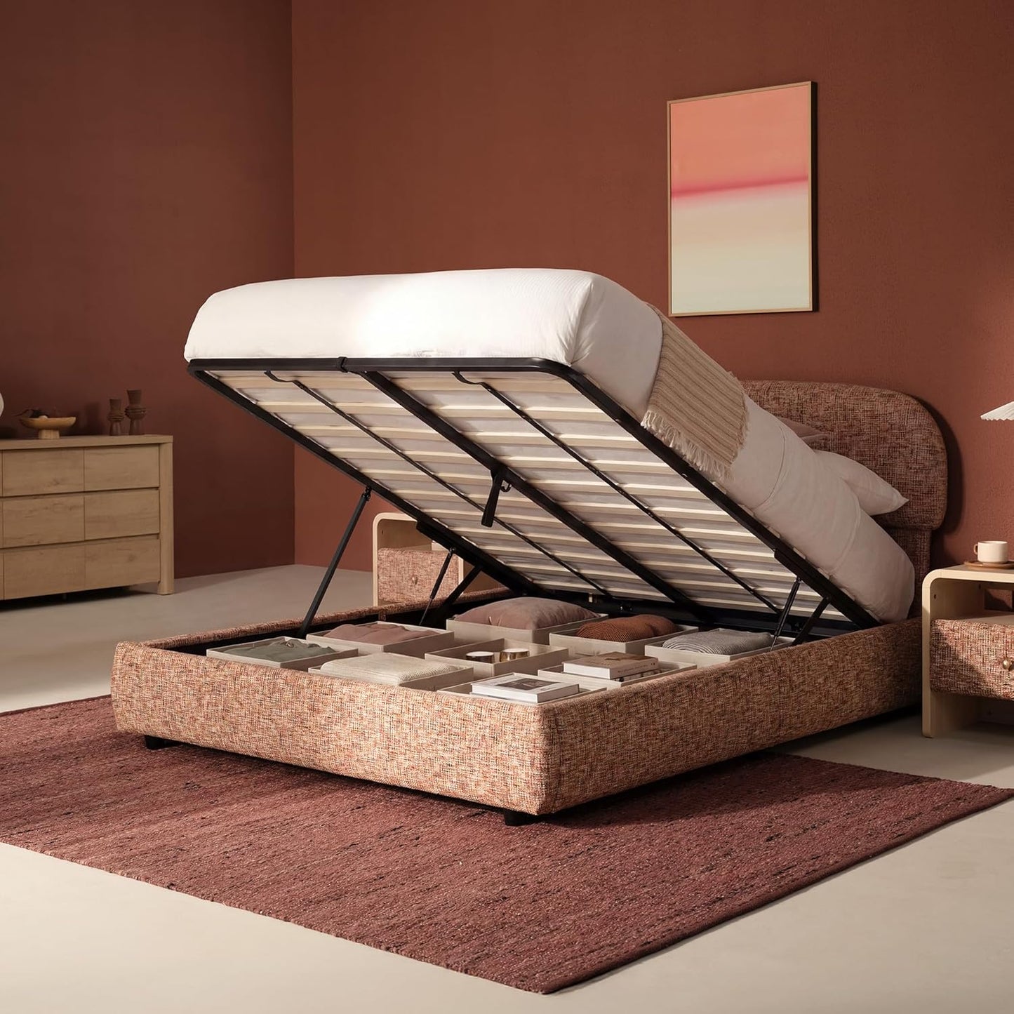 Dione 4-Piece King Storage Bedroom Set: Lift-Up Bed, 2 Nightstands & Bench, Canyon Dawn Red
