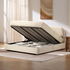 Raised bed platform reveals compartmented under-bed storage, Dark support frame holds the platform open