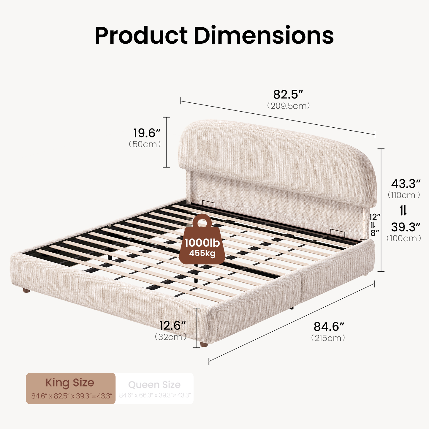Elara King Lift-Up Storage Bed Frame with Adjustable Headboard, Beige