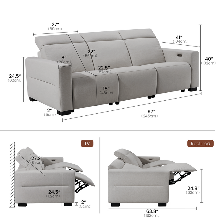 [Pre-sale] Lodden 96" 3-Seater Power Reclining Sofa with Zero Gravity & USB-C，Grey