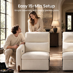 Couple assembling a cream recliner beneath text promoting simple setup.