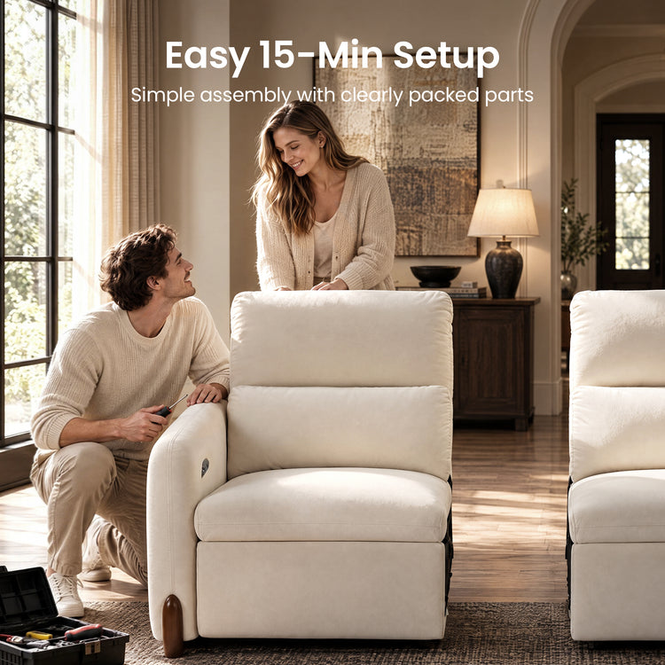 Couple assembling a cream recliner beneath text promoting simple setup.