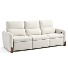 White three-seat sofa with padded arms, tall back cushions, and wood-tone foot accents.