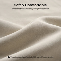 Close-up of cream velvet fabric with soft folds and comfort messaging.