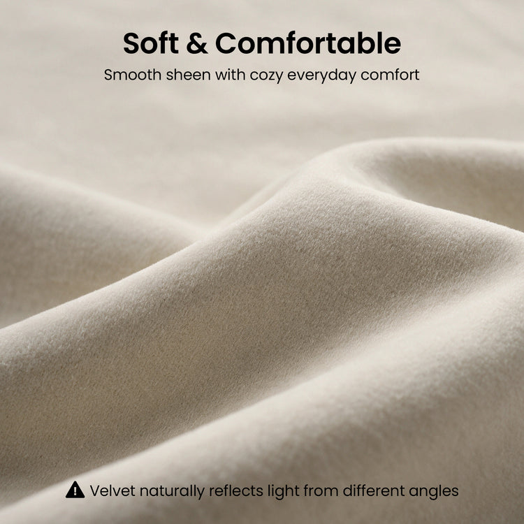 Close-up of cream velvet fabric with soft folds and comfort messaging.
