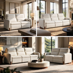 Three views of cream upholstered sofas with padded backs and broad armrests in bright living rooms.
