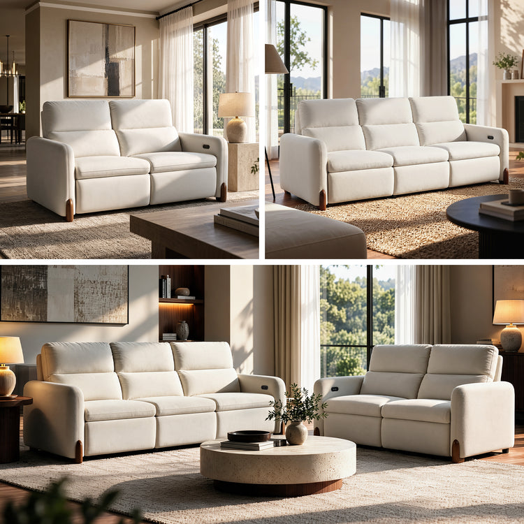 Three views of cream upholstered sofas with padded backs and broad armrests in bright living rooms.