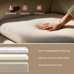 Hand pressing a seat cushion above a cutaway showing three labeled cushioning and foam layers.