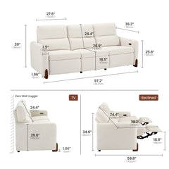 Dimension diagram of a three-seat reclining sofa shown upright and reclined.