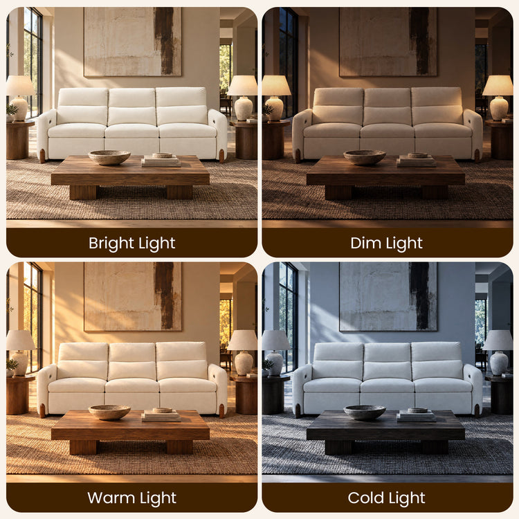White three-seat sofa shown under bright, dim, warm, and cold light.
