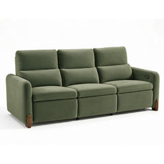 Green three-seat upholstered sofa with cushioned backs, wide arms, and wood-tone feet.