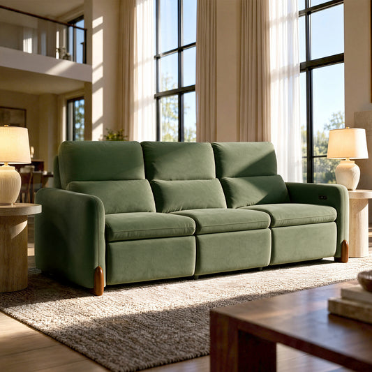 Green three-seat sofa with cushioned backrests and a side control panel.