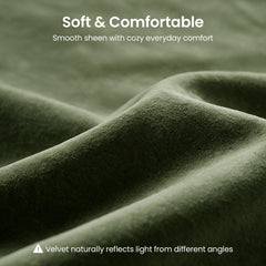 Close-up of green velvet with text describing softness, comfort, sheen, and reflected light.