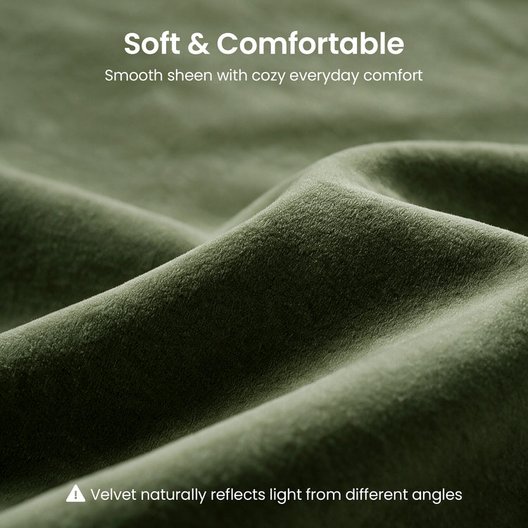 Close-up of green velvet with text describing softness, comfort, sheen, and reflected light.