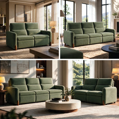 Green two-seat and three-seat sofas shown in bright living room settings.