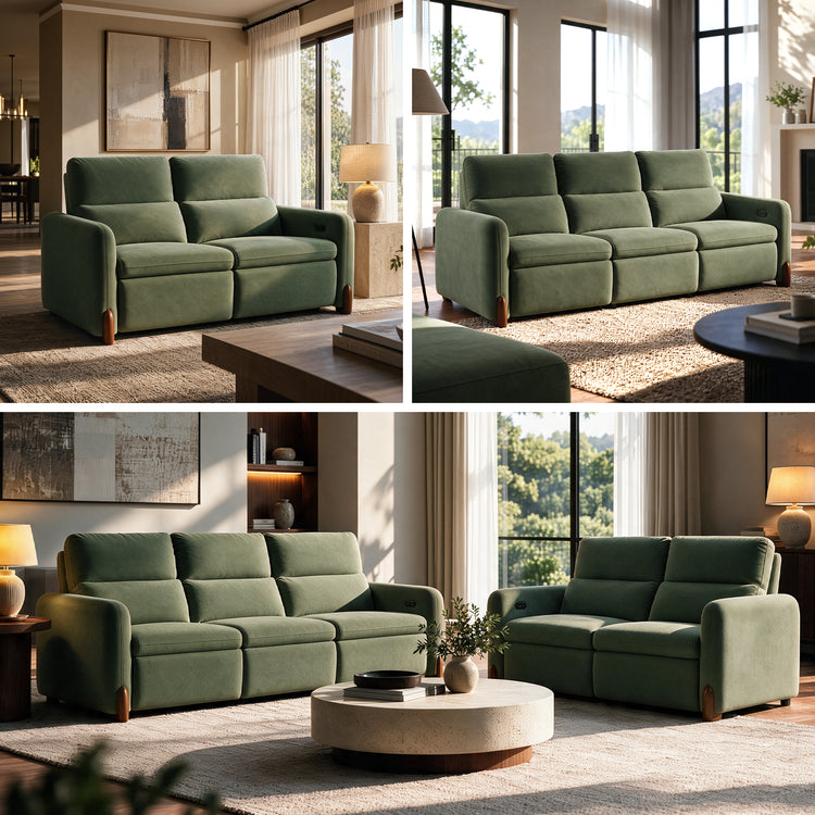 Green two-seat and three-seat sofas shown in bright living room settings.