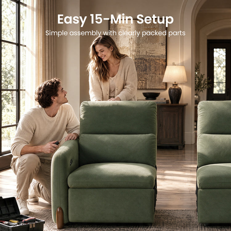 Couple assembling a green upholstered recliner in a sunlit living room.