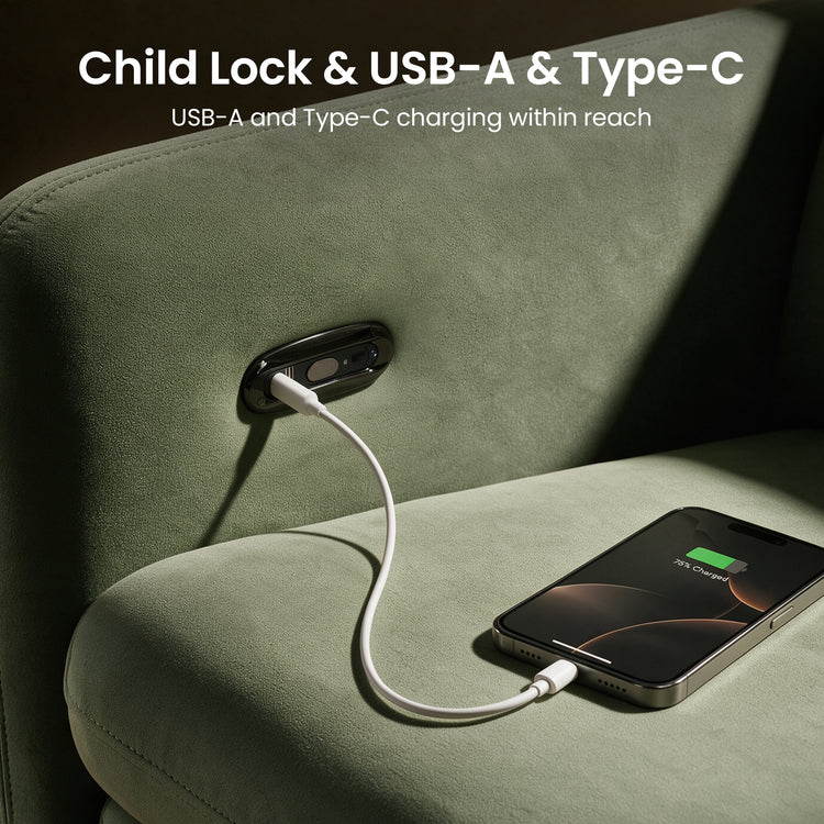 Phone connected to an upholstered seat panel labeled for child lock, USB-A and Type-C.