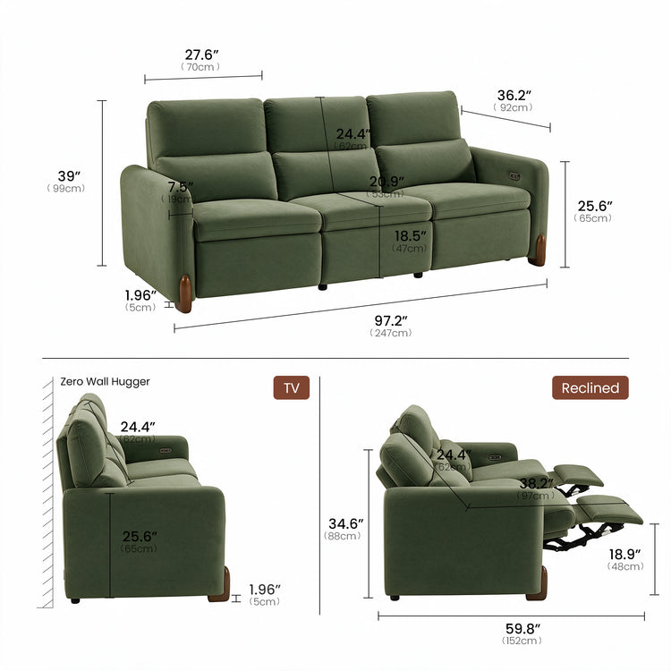 Dimension diagram of a green three-seat reclining sofa in upright, TV, and reclined positions.