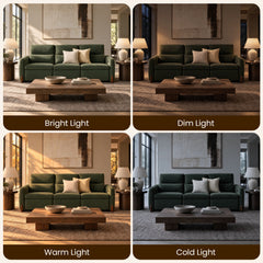 Green three-seat sofa shown under bright, dim, warm, and cold lighting.