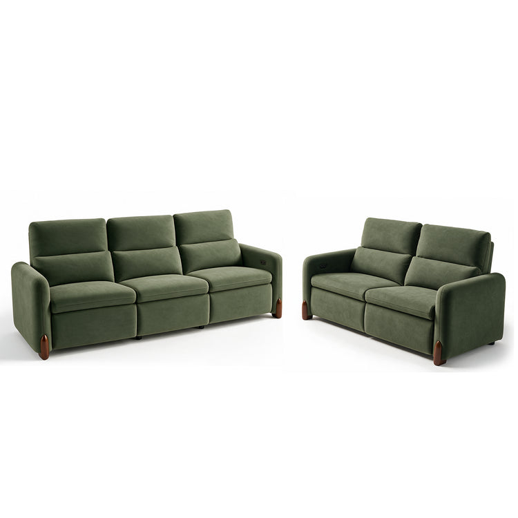 Green three-seat and two-seat sofas with padded backs and brown feet.
