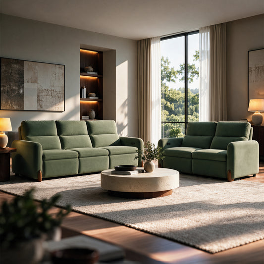 Green upholstered sofa and loveseat in a sunlit modern living room.
