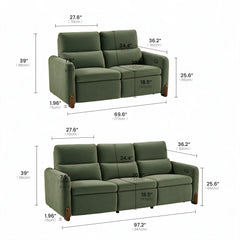 Dimension diagrams for green two-seat and three-seat sofas with labeled parts.