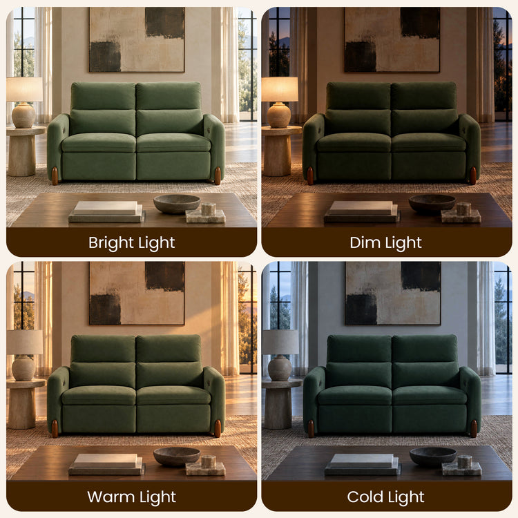 Green two-seat sofa shown under bright, dim, warm, and cold lighting.