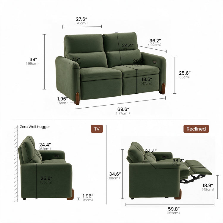 Green two-seat reclining sofa shown upright, in TV position, and fully reclined.