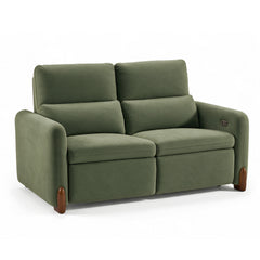 Green upholstered two-seat sofa with tall back cushions, broad armrests, and wood-tone feet.