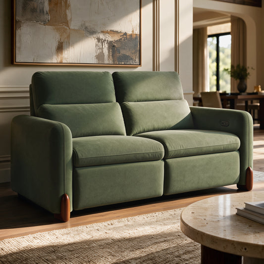 Green upholstered two-seat sofa with padded cushions, rounded arms, and wood-tone feet.